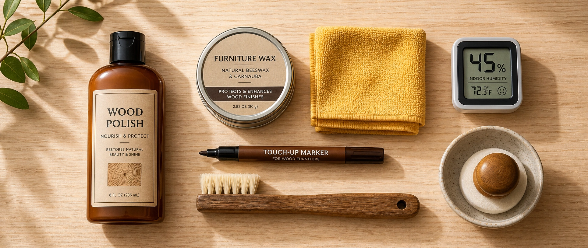 Wooden sofa maintenance supplies including wood polish, soft cloth, and humidity monitor