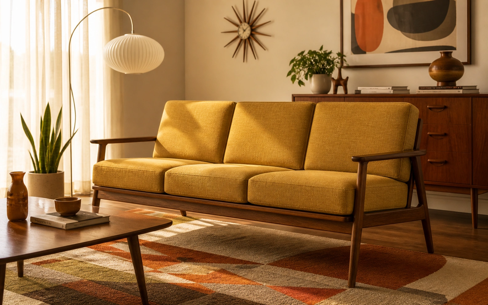 Mid-century modern wooden sofa with tapered legs and clean lines
