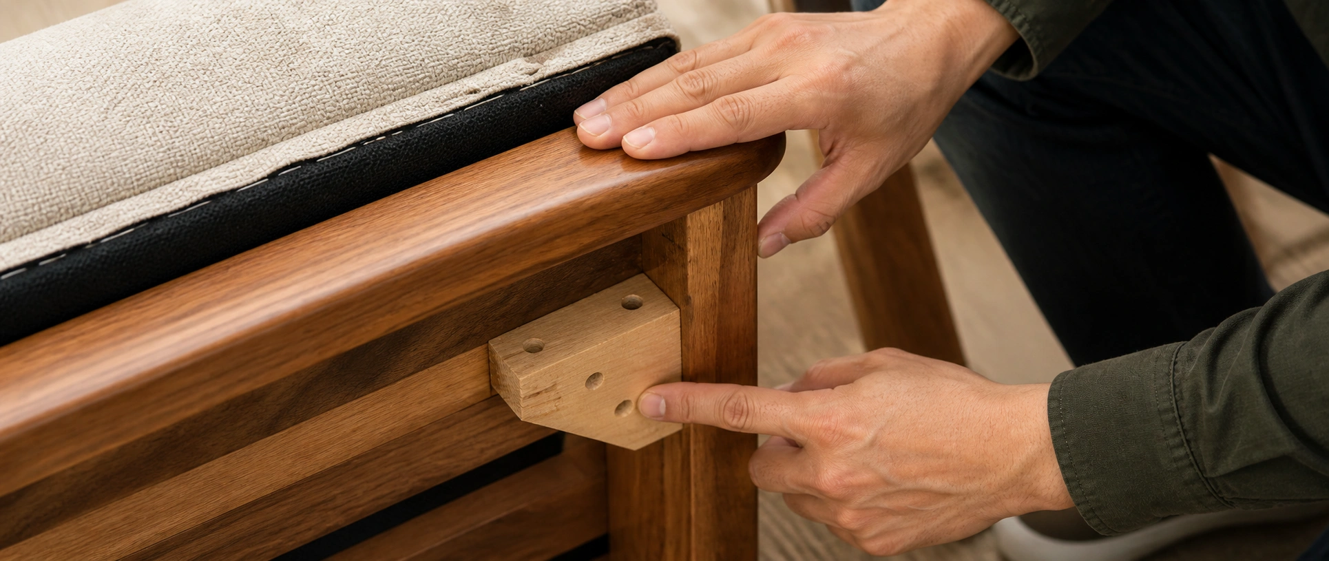 Person inspecting wooden sofa frame quality by checking joints and wood grain