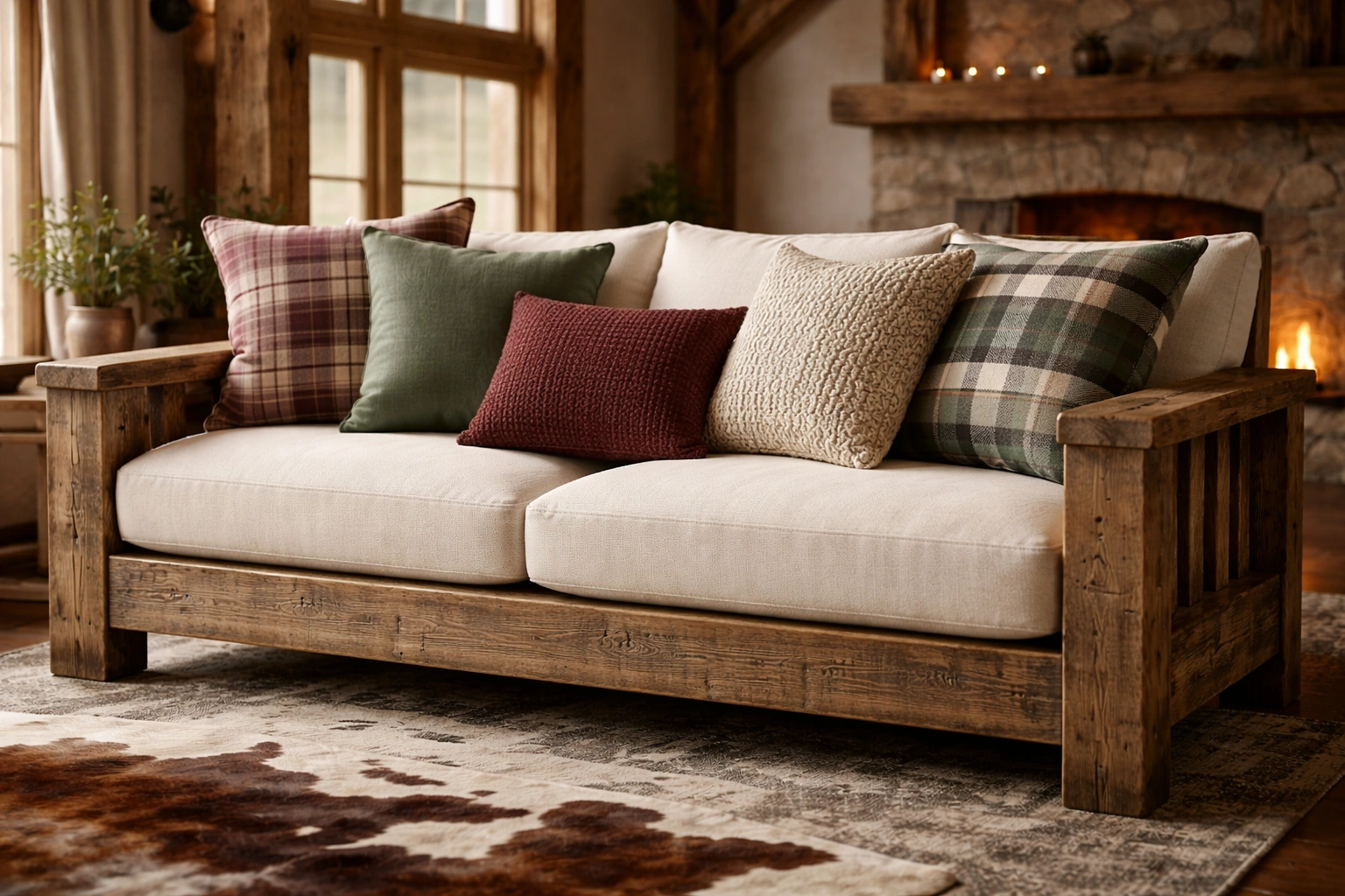 Rustic wooden sofa with thick reclaimed wood arms and plaid cushions