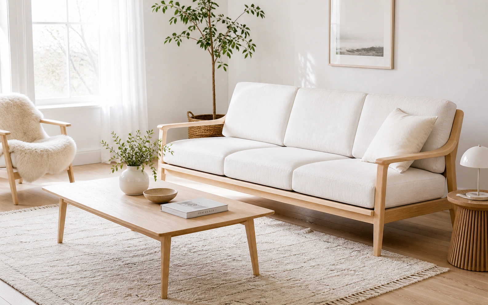 Scandinavian light wood sofa with minimalist design and neutral upholstery