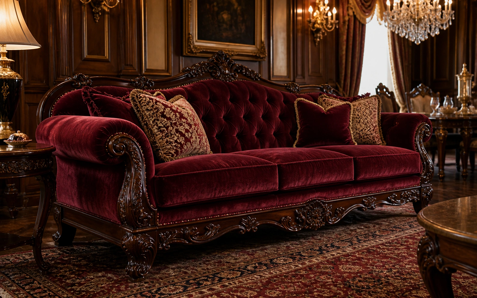 Traditional wooden sofa with carved details and rolled arms